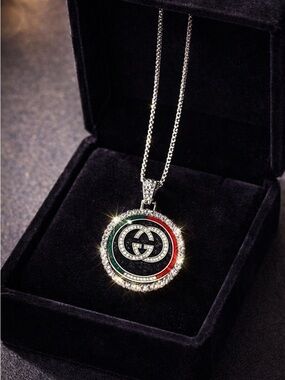 Gucci-Inspired Silver Pendant Necklace with Green & Red Accents